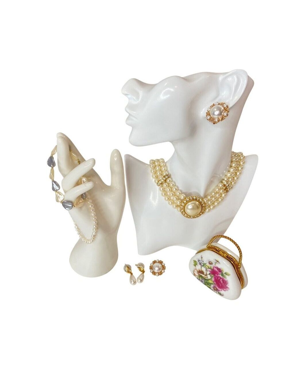 Vintage Pearl & Gold Luxury Jewelry Collection With Decorative Porcelain Case